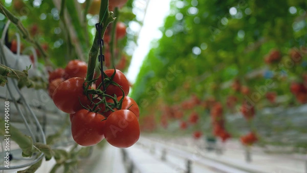 Fototapeta Fresh ripe tomatoes growing on vines inside a modern greenhouse, showcasing sustainable farming practices and controlled environment agriculture.
