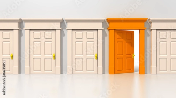 Fototapeta A line of white doors and a single open orange door