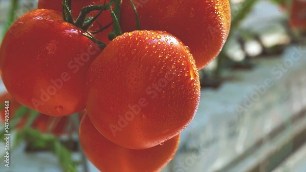Fototapeta Close-up of fresh ripe tomatoes hanging on the vine in a greenhouse, showing vibrant red color and symbolizing organic farming and healthy eating, agriculture, and freshness.