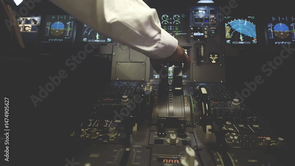Fototapeta Pilot's hand operating the throttle levers inside a modern airplane cockpit, surrounded by illuminated controls and navigation screens, symbolizing precision and aviation expertise.