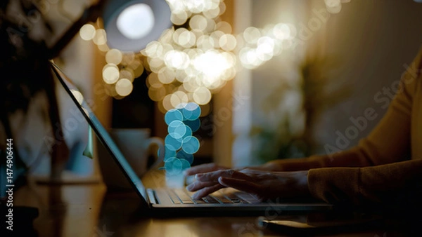 Fototapeta close-up of a white person's hands typing on a laptop at night, illuminated by the screen's glow, warm bokeh lights in the background. cozy and focused atmosphere, perfect for late-night work or study