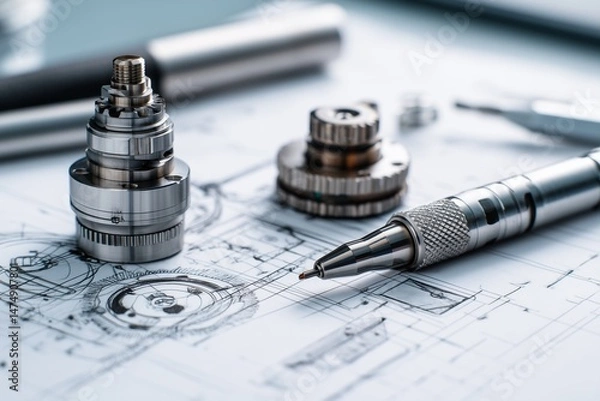 Obraz Engineering tools on technical drawing, precision instruments, mechanical schematics, clean industrial workspace.
