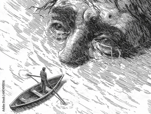 Fototapeta Small boat approaches colossal face weeping in the water, ink drawing, evoking themes of sadness, isolation, and environmental distress.
