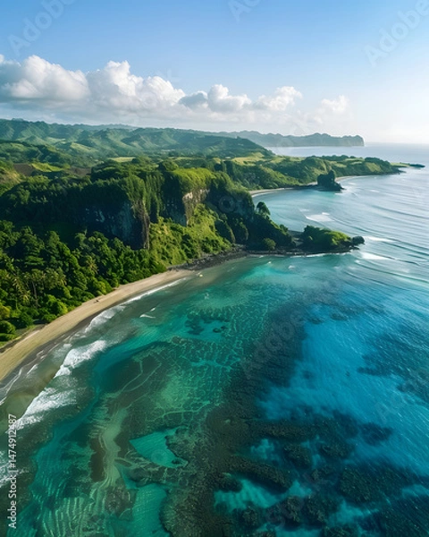 Obraz Aerial view of lush coastline and coral reefs in tropical bay