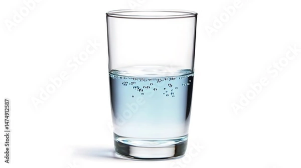 Fototapeta A glass filled halfway with clear liquid and small bubbles on white