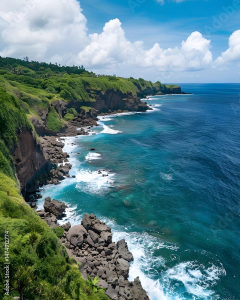 Obraz Rocky tropical coastline with cliffs and waves crashing on shore