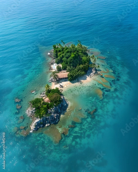 Obraz Tiny tropical island with huts and lush vegetation surrounded by coral reefs