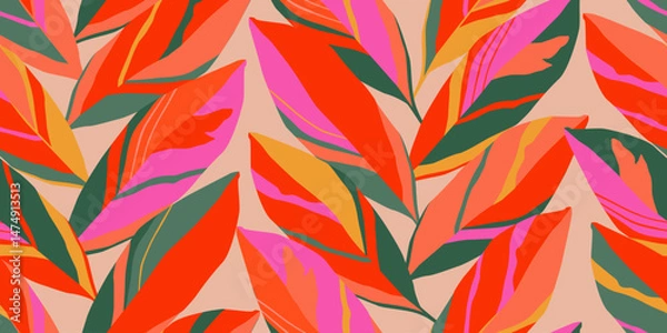 Fototapeta Abstract tropical leaves seamless pattern with vertical style. Modern foliage print design for fabric, textiles, clothing, packaging, cover, banner, home decor and backgrounds. Vector illustrations.