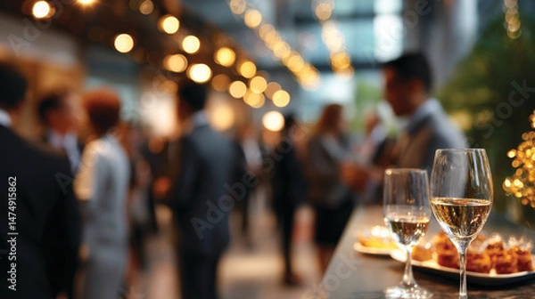 Fototapeta Blurred shot of business people at party or corporate event in office center 