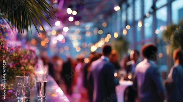 Fototapeta Blurred shot of business people at party or corporate event in office center 