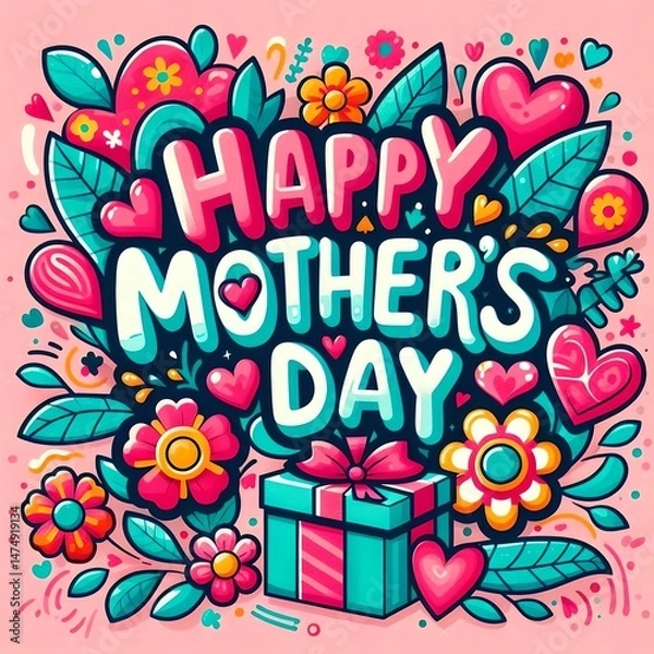Obraz A colorful and cute Mother's Day greeting card design, featuring the words 'Happy Mother's Day'