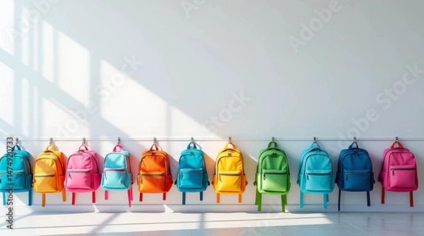 Fototapeta Colorful School Backpacks Hanging in a Row Along Bright Classroom Wall.