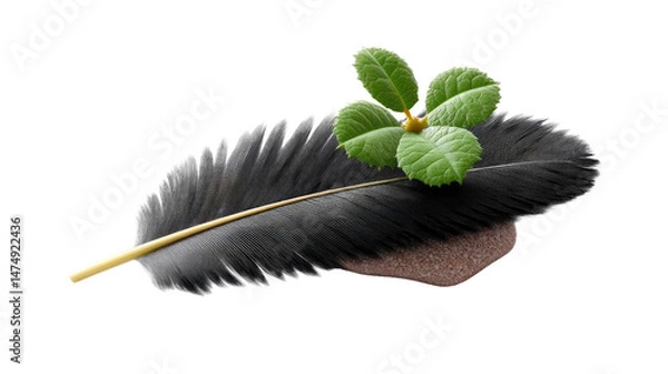 Obraz Black Feather with Green Leaves: A single black feather with a golden shaft rests gently on a small mound of earth, adorned with a cluster of vibrant green leaves.  The image evokes themes of nature.