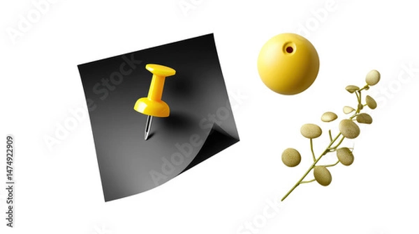 Obraz Office Supplies Still Life: A modern and minimalist still life arrangement featuring a striking black note paper with a golden pushpin, and a playful.