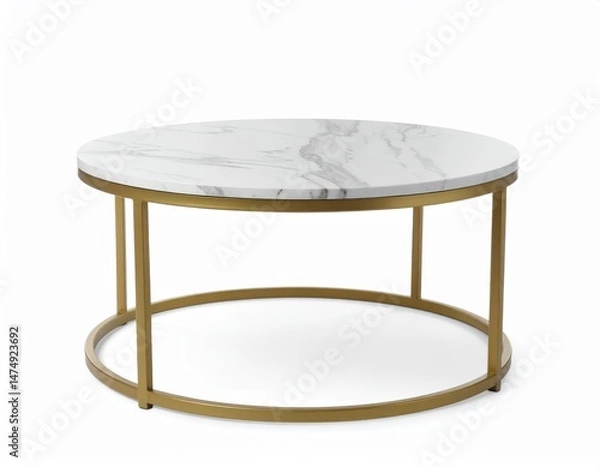 Fototapeta A modern round coffee table featuring a white marble top and a sleek gold metal base, perfect for stylish living spaces