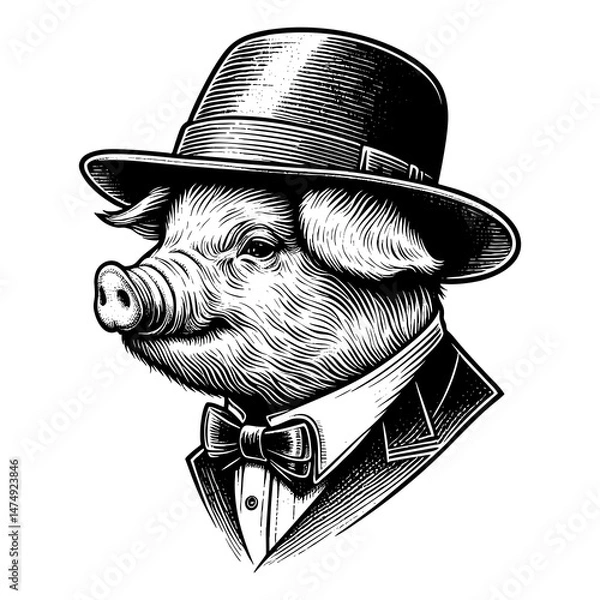 Fototapeta pig dressed in a formal suit, bow tie, and top hat with a confident expression sketch engraving generative ai PNG illustration. Scratch board imitation. Black and white image.