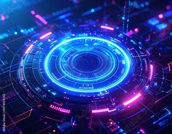 Fototapeta A vibrant, futuristic digital interface featuring glowing circular patterns and intricate circuits in blue and pink hues