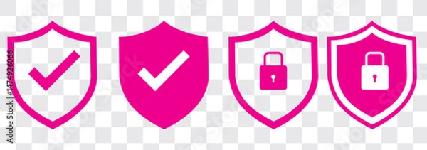 Fototapeta Shield check mark icon and shield lock icon set. Safety shield symbols. Security private sign. Vector illustration