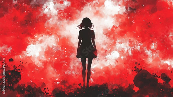 Fototapeta a lonely and sad inspired anime banner design, woman standing alone in a big red surrealistic field