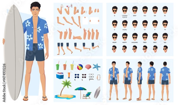 Fototapeta Cartoon Man Character creation and Animation Pack with Man Wearing Hawaii shirt and swimming shorts , lip sync, side, front and back view with Accessories summer Vector Illustration