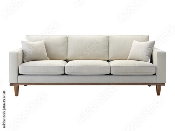Fototapeta Elegant OffWhite Three Seater Sofa with Wooden Base and Throw Pillows