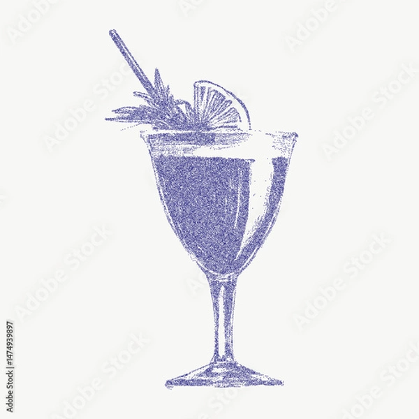 Fototapeta Vintage ink blue sketch of cocktail and drink with noisy gritty dot halftone effect. Grunge style illustration for classic beverage branding and cafe menu, Italian style.