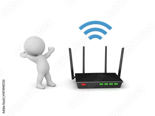 Fototapeta Happy 3D Character next to a router with wifi