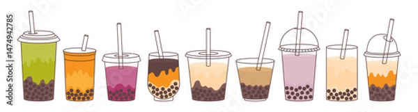 Obraz Bubble Tea or Coffee Drinks set. Delicious drinks in plastic cups with straw. Vector illustration