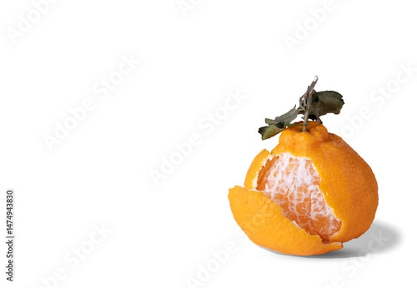 Obraz large chinese tangerine, with peeled skin on white background, copy space