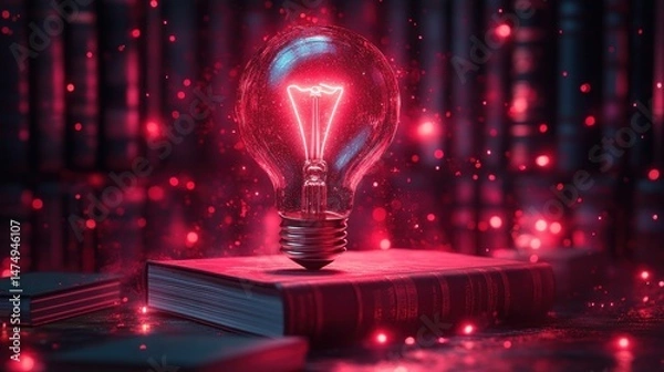 Obraz Glowing lightbulb on books in dark library.