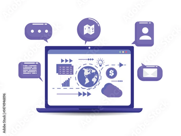 Fototapeta Presentation Business circle infographic with laptop and global network template illustration Infographic, Circle, Number 5, Chart, Diagram ,Icon