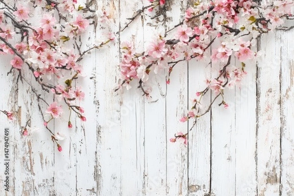 Fototapeta Delicate pink blossoms cascade over a weathered white wooden background, creating a spring-like aesthetic