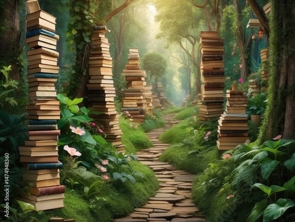 Fototapeta "A Journey of Books Along a Serene Pathway Through Lush Greenery"