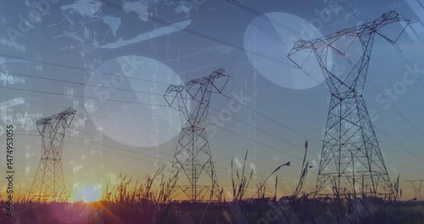 Obraz Image of statistics and data processing over electricity pylon and landscape