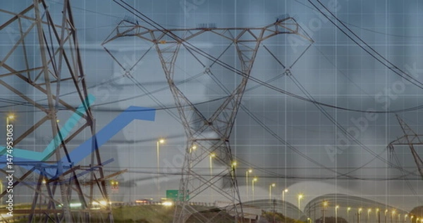 Obraz Image of statistics and data processing with blue lines over electricity pylon and landscape