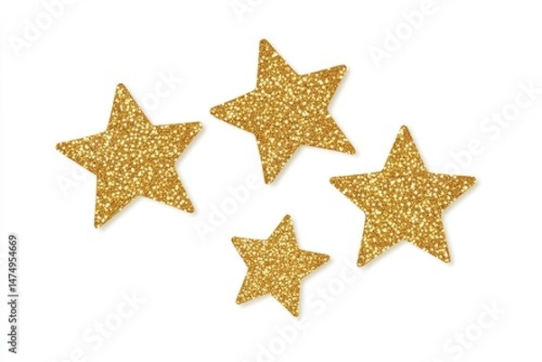Fototapeta Four gold glitter stars against a white background.  Each star is outlined and filled with a glittery texture