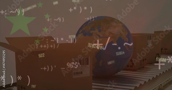 Obraz Image of changing numbers over globe and packages
