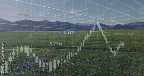 Obraz Image of graphs and data processing over wind turbine