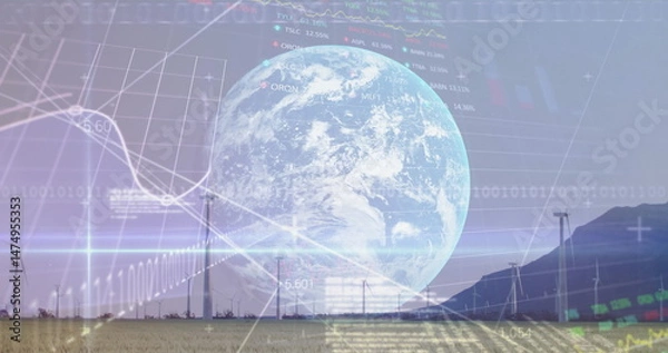 Obraz Image of graphs, globe and data processing over wind turbine