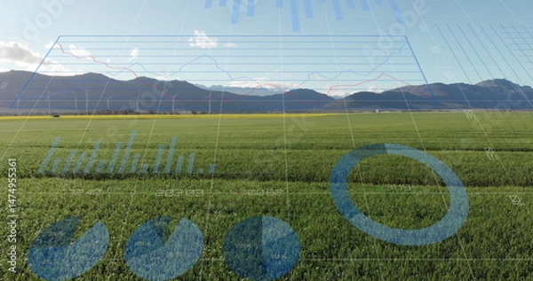 Fototapeta Image of graphs and data processing over wind turbine