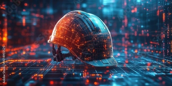 Fototapeta High-tech construction helmet glowing in a digital environment with vibrant lights and patterns showcasing innovation and safety