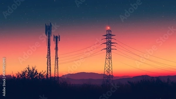 Fototapeta Communication towers pierce a pastel sunset sky, transmitting signals across a serene landscape in a stylized, cartoon illustration. Generative Ai