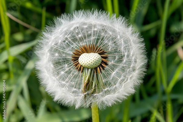 Fototapeta Close-up of a dandelion seed head ready to disperse seeds in a vibrant green field