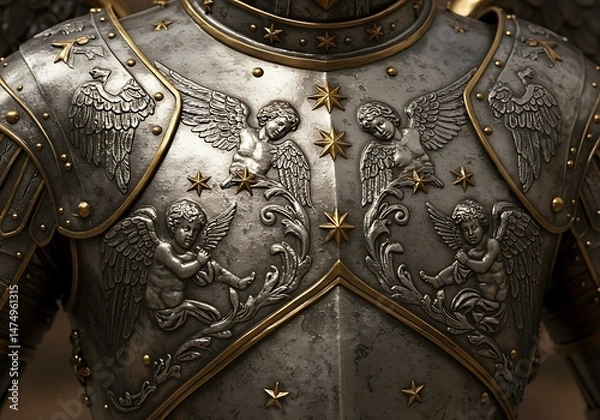 Obraz Close-up of ornate armor with angel and lion motifs