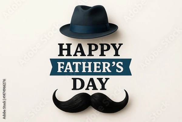 Fototapeta fathers day hat mustache greeting blue banner text happy dad message isolated white background clean modern layout