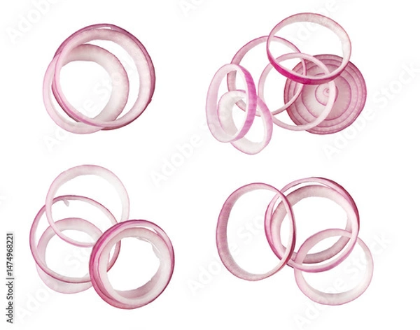 Fototapeta Sliced red onions falling on transparent background
