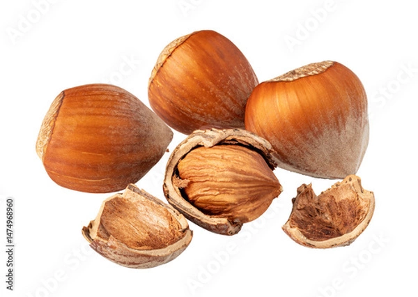 Fototapeta Hazelnuts falling on transparent background, whole and cracked nuts