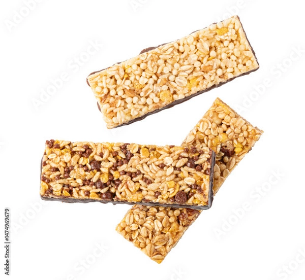 Fototapeta Three cereal bars falling on transparent background