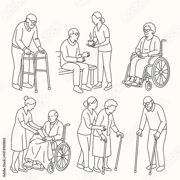 Fototapeta Nurses, doctors, social workers helping, supporting elderly people. Help, support for elderly people in hospital and nursing home. linear vector illustration