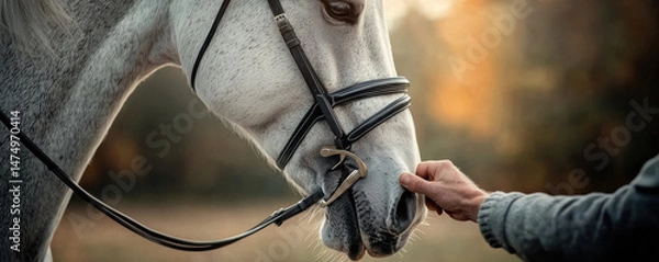 Obraz Closeup hand gently adjusting bridle on white horse, autumn outdoor scene, soft light, emotional connection, peaceful moment
